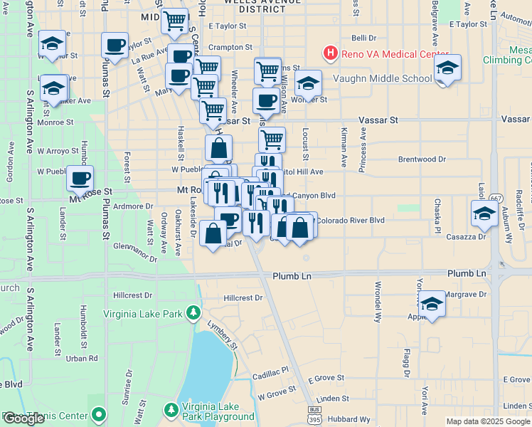 map of restaurants, bars, coffee shops, grocery stores, and more near 1718 Holcomb Avenue in Reno