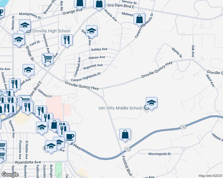 map of restaurants, bars, coffee shops, grocery stores, and more near 2418 Oro Quincy Highway in Oroville