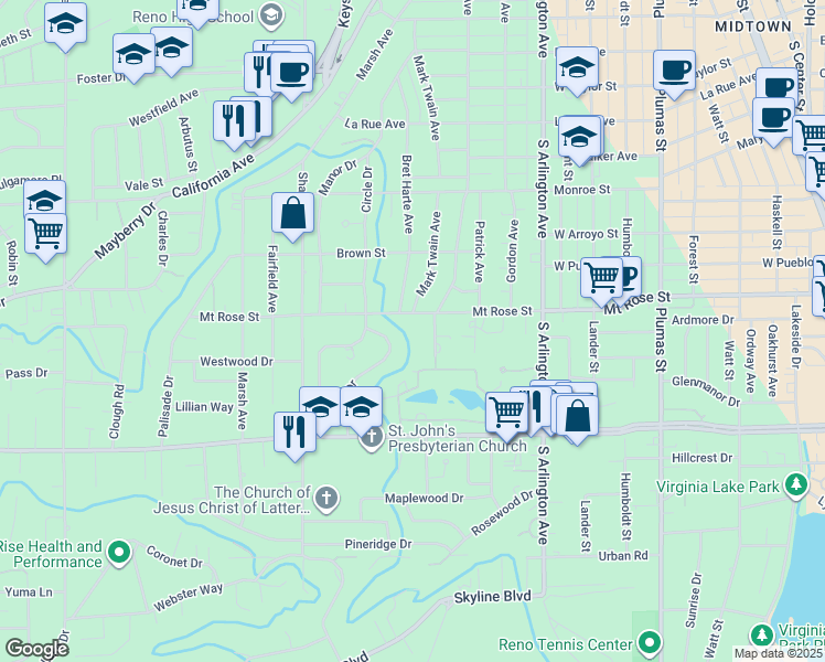 map of restaurants, bars, coffee shops, grocery stores, and more near 1080 Mount Rose Street in Reno
