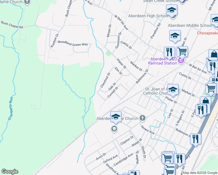 map of restaurants, bars, coffee shops, grocery stores, and more near 436 Oak Street in Aberdeen