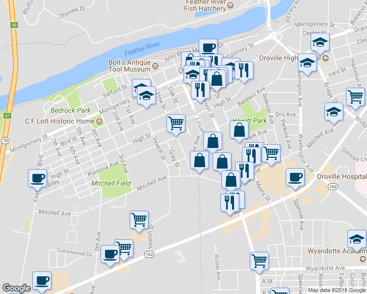 map of restaurants, bars, coffee shops, grocery stores, and more near 1865 Pine Street in Oroville