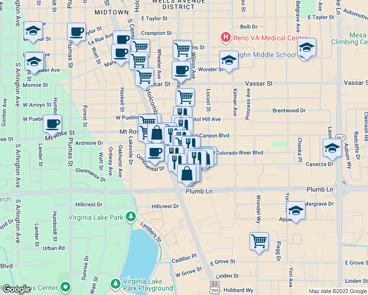 map of restaurants, bars, coffee shops, grocery stores, and more near 335 Colorado River Boulevard in Reno