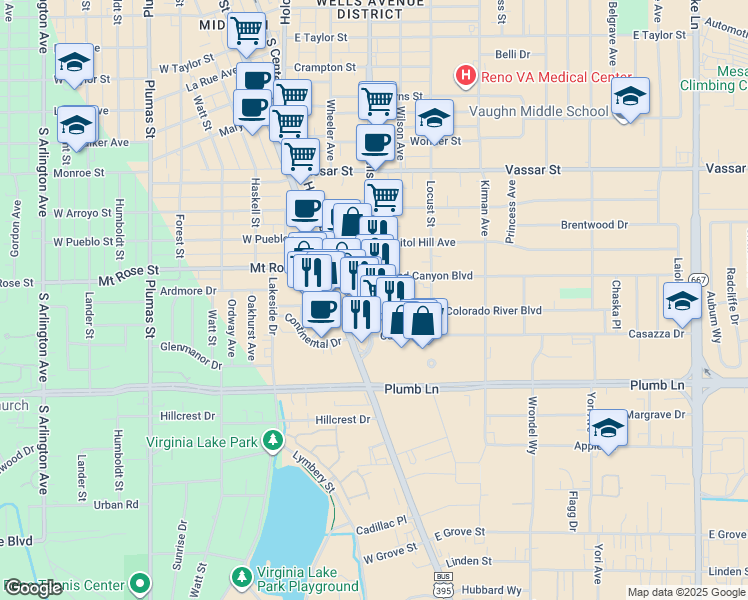 map of restaurants, bars, coffee shops, grocery stores, and more near 1718 Holcomb Avenue in Reno