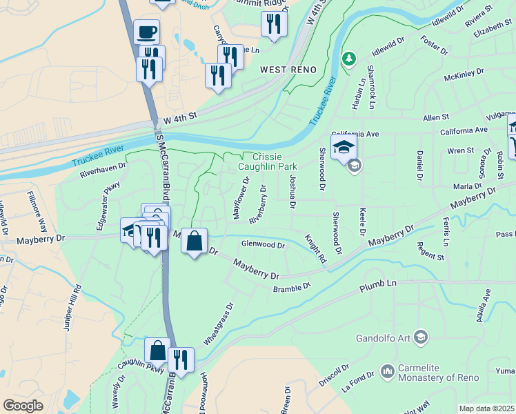 map of restaurants, bars, coffee shops, grocery stores, and more near 1135 Riverberry Drive in Reno