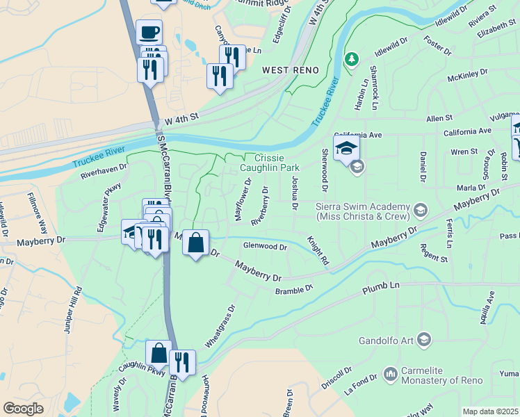 map of restaurants, bars, coffee shops, grocery stores, and more near 1135 Riverberry Drive in Reno