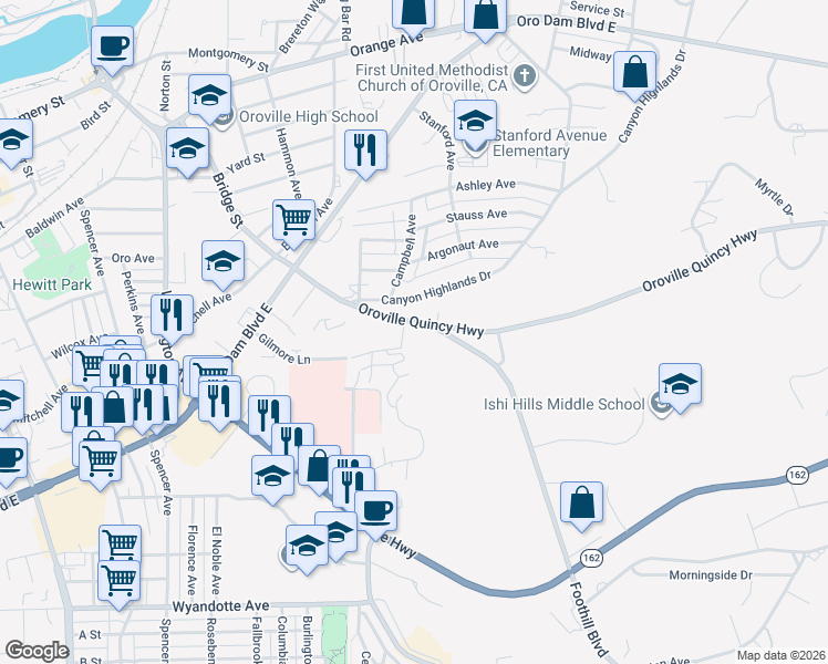 map of restaurants, bars, coffee shops, grocery stores, and more near 2360 Oroville Quincy Highway in Oroville