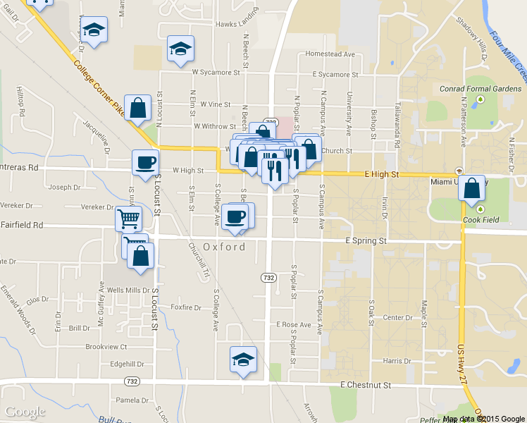 map of restaurants, bars, coffee shops, grocery stores, and more near 120 South Main Street in Oxford