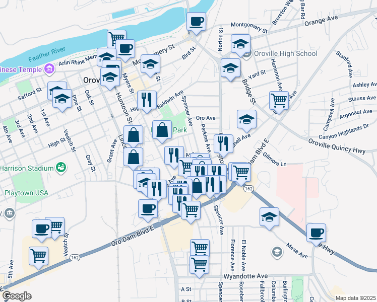 map of restaurants, bars, coffee shops, grocery stores, and more near 2220 Wilcox Avenue in Oroville