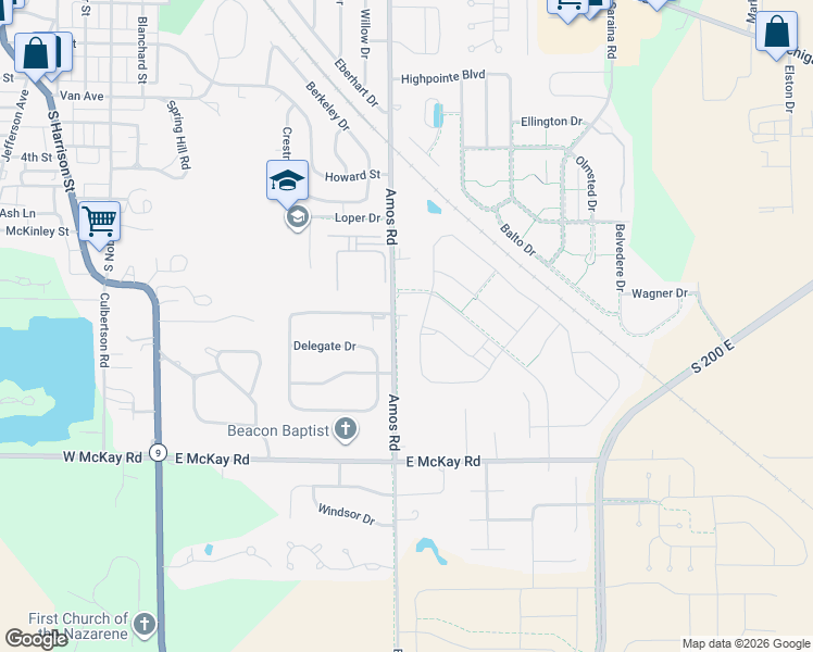 map of restaurants, bars, coffee shops, grocery stores, and more near 1510 Amos Road in Shelbyville