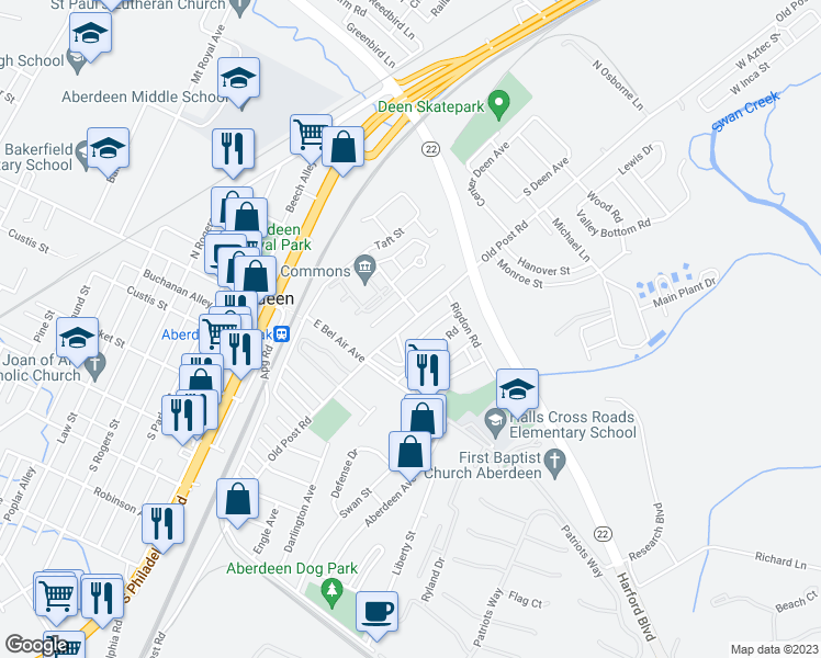 map of restaurants, bars, coffee shops, grocery stores, and more near 109 Post Road in Aberdeen
