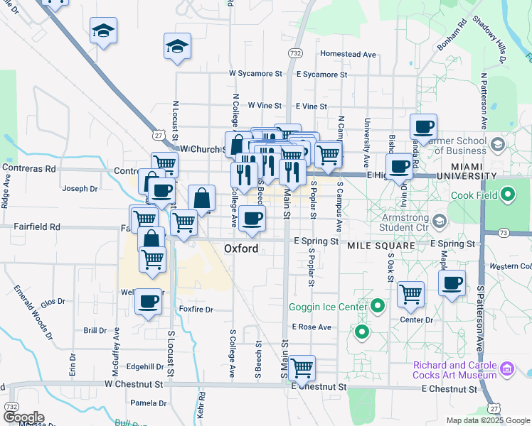 map of restaurants, bars, coffee shops, grocery stores, and more near 121 S Beech St in Oxford