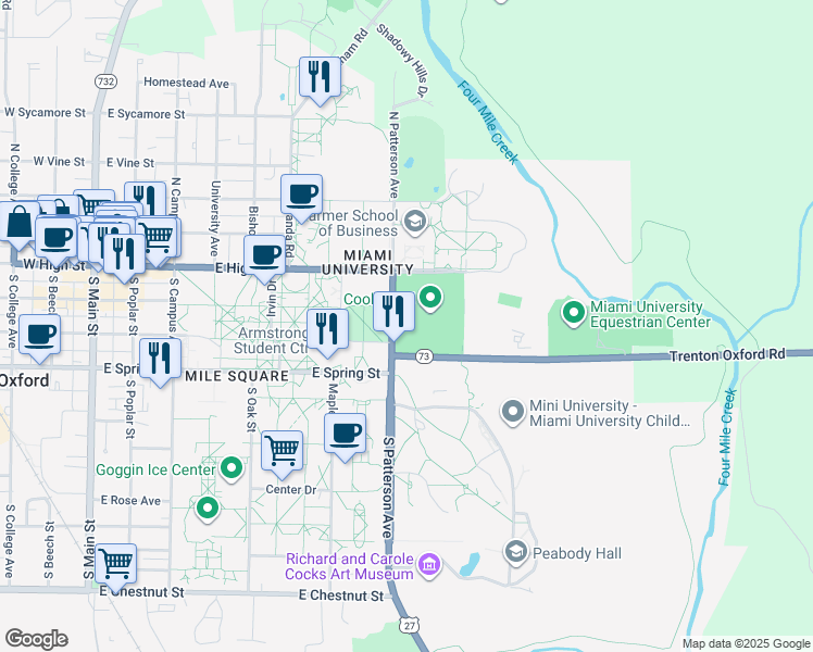 map of restaurants, bars, coffee shops, grocery stores, and more near 501 East High Street in Oxford