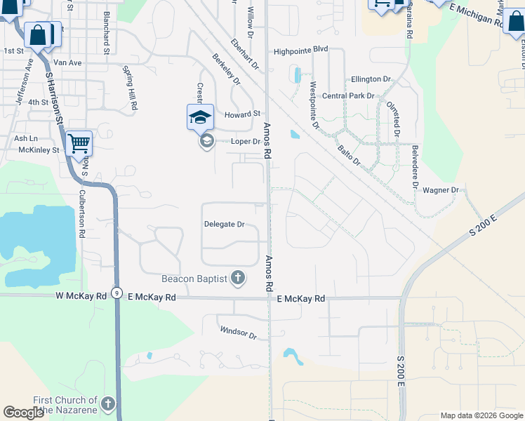 map of restaurants, bars, coffee shops, grocery stores, and more near 1501 Amos Road in Shelbyville