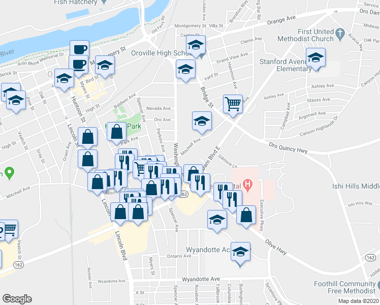 map of restaurants, bars, coffee shops, grocery stores, and more near 2731 Mitchell Avenue in Oroville