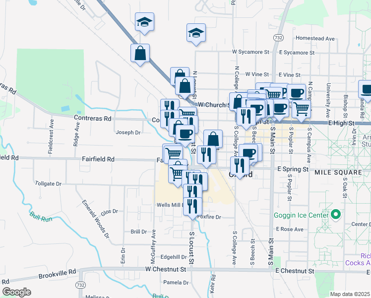 map of restaurants, bars, coffee shops, grocery stores, and more near 120 South Locust Street in Oxford