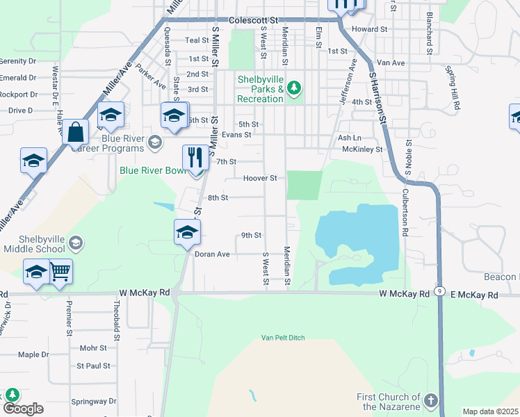 map of restaurants, bars, coffee shops, grocery stores, and more near 1735 South West Street in Shelbyville