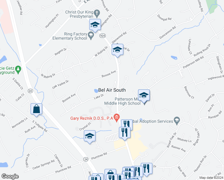 map of restaurants, bars, coffee shops, grocery stores, and more near in Bel Air South