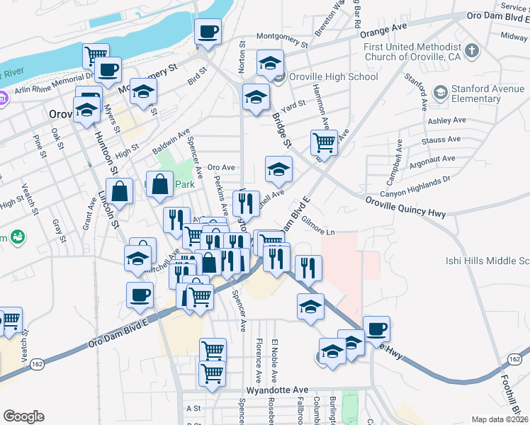 map of restaurants, bars, coffee shops, grocery stores, and more near 2721 Mitchell Avenue in Oroville