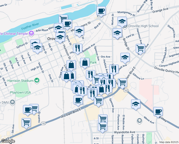 map of restaurants, bars, coffee shops, grocery stores, and more near 2124 Wilcox Avenue in Oroville