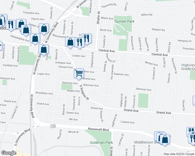 map of restaurants, bars, coffee shops, grocery stores, and more near 2406 Christel Avenue in Middletown