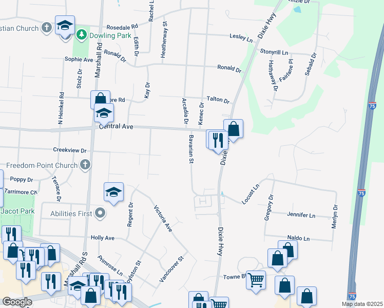 map of restaurants, bars, coffee shops, grocery stores, and more near 103 Bavarian Drive in Middletown