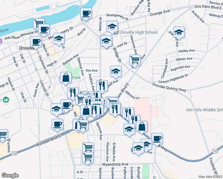 map of restaurants, bars, coffee shops, grocery stores, and more near 2719 Mitchell Avenue in Oroville