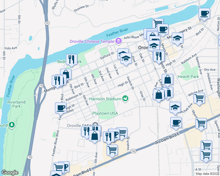 map of restaurants, bars, coffee shops, grocery stores, and more near 1581 3rd Avenue in Oroville