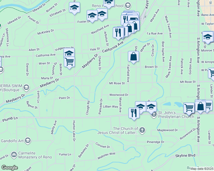 map of restaurants, bars, coffee shops, grocery stores, and more near 1500 Palisade Drive in Reno