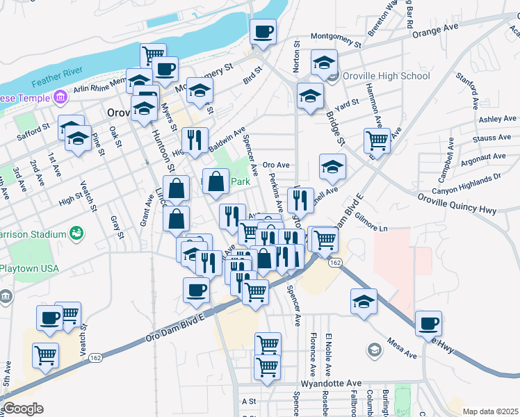 map of restaurants, bars, coffee shops, grocery stores, and more near 2258 Wilcox Avenue in Oroville