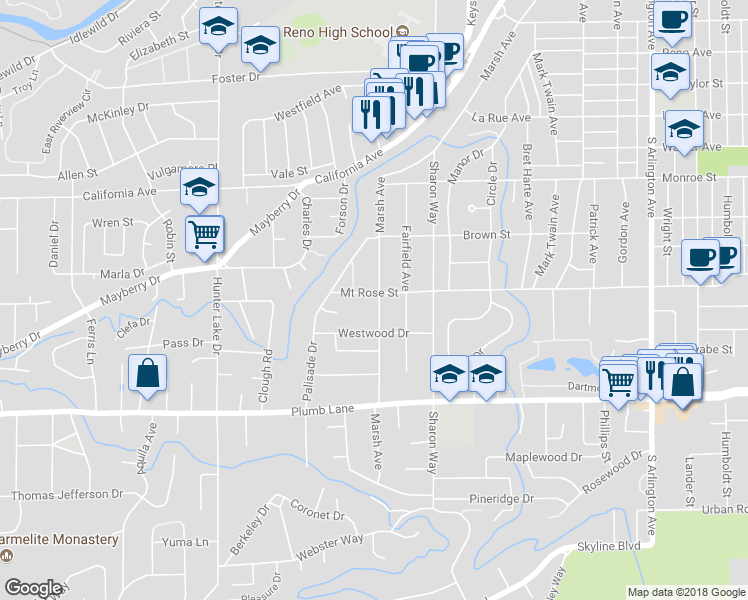 map of restaurants, bars, coffee shops, grocery stores, and more near 1501 Marsh Avenue in Reno