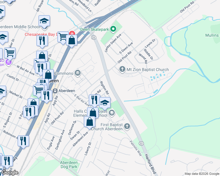 map of restaurants, bars, coffee shops, grocery stores, and more near 60 East Bel Air Avenue in Aberdeen