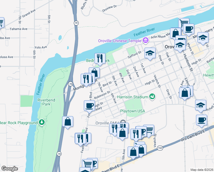 map of restaurants, bars, coffee shops, grocery stores, and more near 785 Bird Street in Oroville