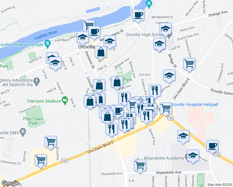 map of restaurants, bars, coffee shops, grocery stores, and more near 2136 State Highway 70 Bus in Oroville