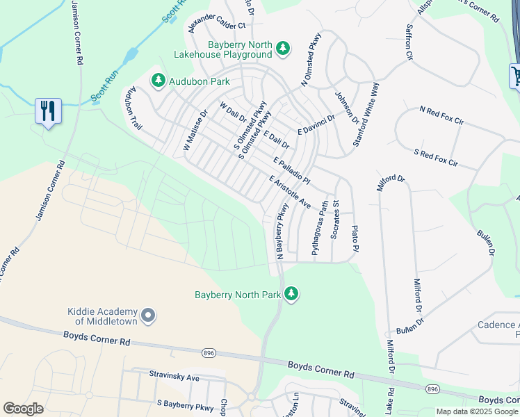 map of restaurants, bars, coffee shops, grocery stores, and more near 1549 East Matisse Drive in Middletown