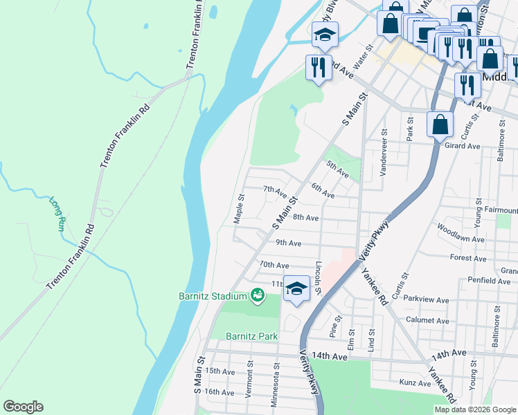 map of restaurants, bars, coffee shops, grocery stores, and more near 720 Poplar Street in Middletown