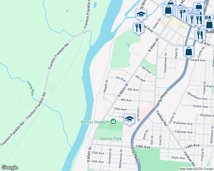 map of restaurants, bars, coffee shops, grocery stores, and more near 813 Maple Street in Middletown