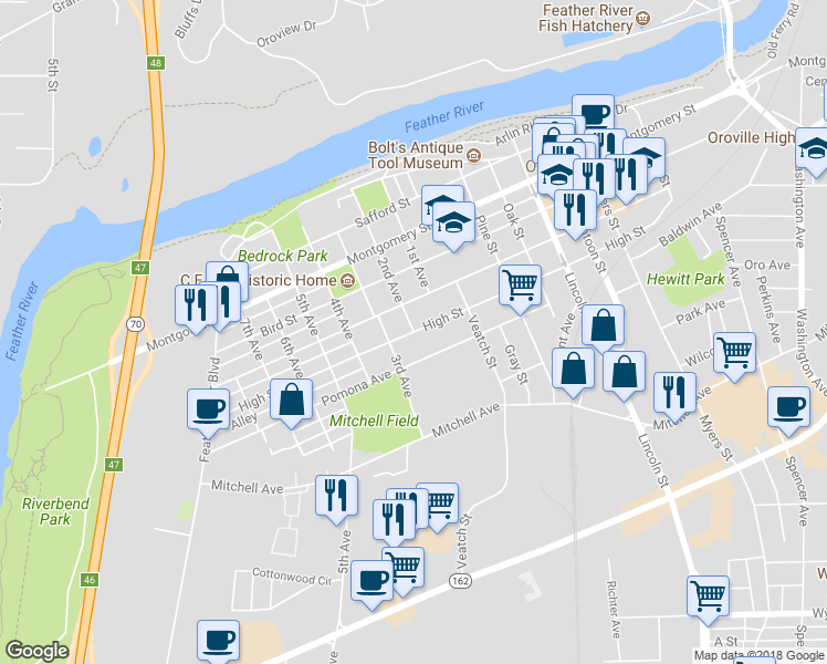 map of restaurants, bars, coffee shops, grocery stores, and more near High Street & 2nd Avenue in Oroville