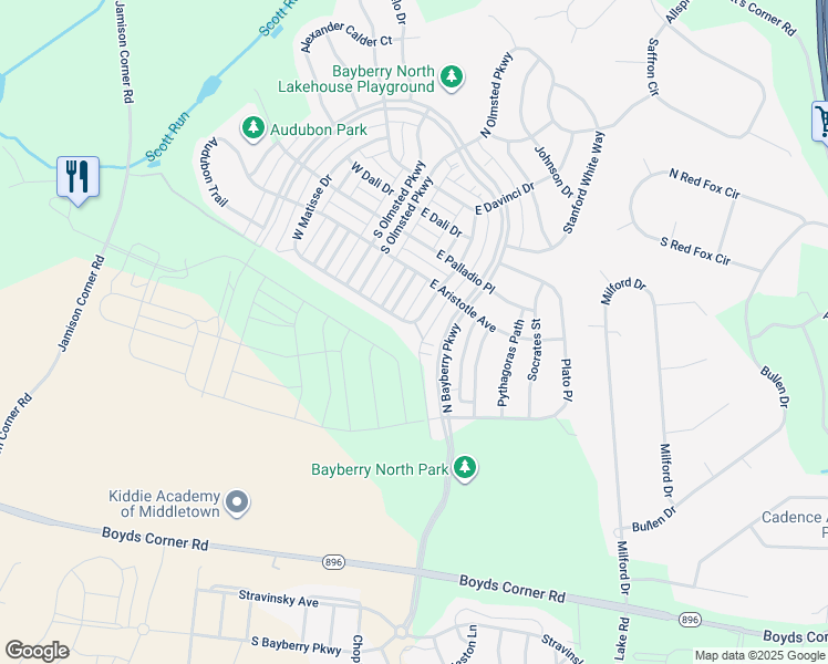 map of restaurants, bars, coffee shops, grocery stores, and more near 1549 East Matisse Drive in Middletown