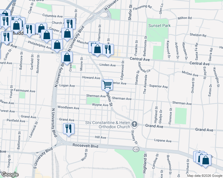 map of restaurants, bars, coffee shops, grocery stores, and more near 2205 Christel Avenue in Middletown
