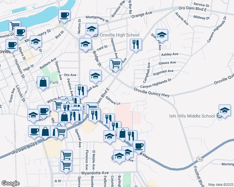 map of restaurants, bars, coffee shops, grocery stores, and more near 19 Madrone Avenue in Oroville