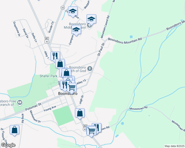 map of restaurants, bars, coffee shops, grocery stores, and more near 60 Saint Paul Street in Boonsboro
