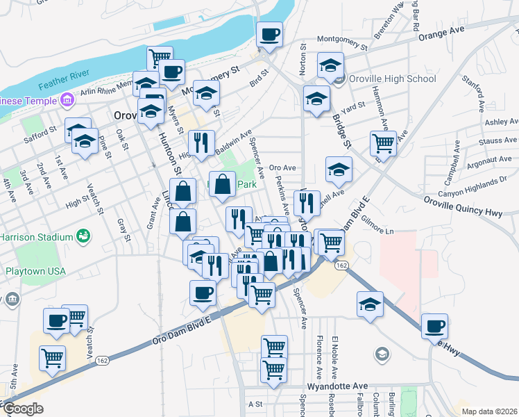 map of restaurants, bars, coffee shops, grocery stores, and more near 2165 Hewitt Avenue in Oroville