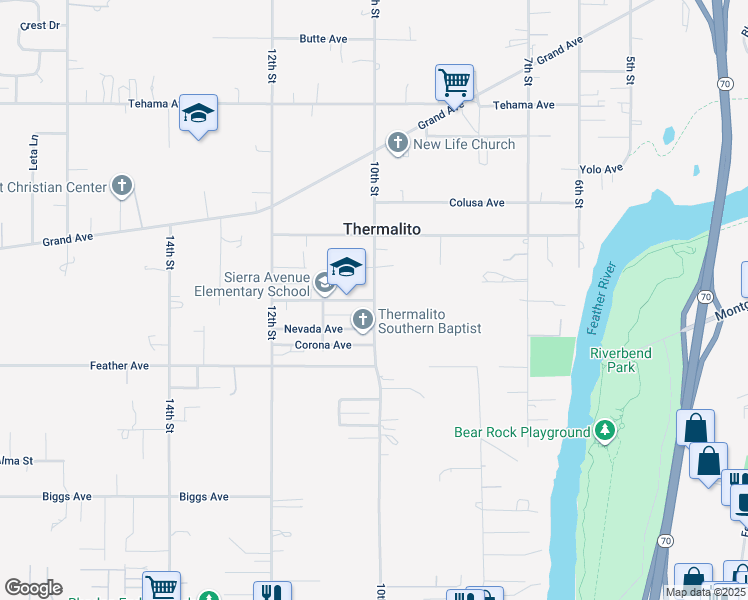 map of restaurants, bars, coffee shops, grocery stores, and more near 10th Street in Oroville