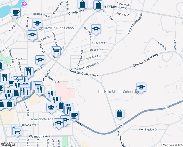map of restaurants, bars, coffee shops, grocery stores, and more near 2379 Oro Quincy Highway in Oroville