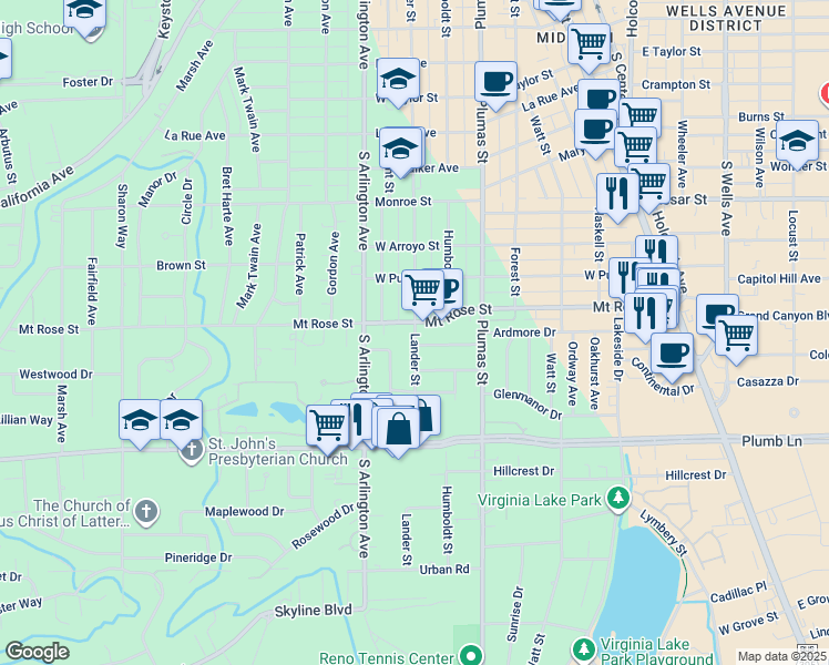 map of restaurants, bars, coffee shops, grocery stores, and more near 1575 Lander Street in Reno