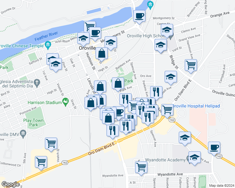 map of restaurants, bars, coffee shops, grocery stores, and more near 2136 State Highway 70 Bus in Oroville