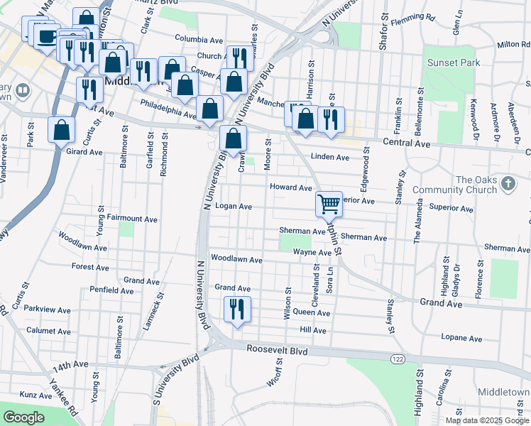 map of restaurants, bars, coffee shops, grocery stores, and more near 413 Moore Street in Middletown