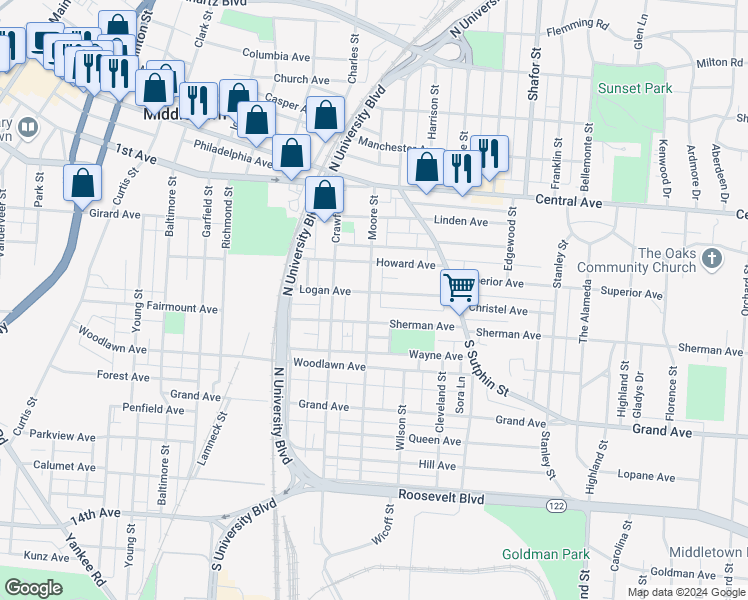 map of restaurants, bars, coffee shops, grocery stores, and more near 405 Moore Street in Middletown