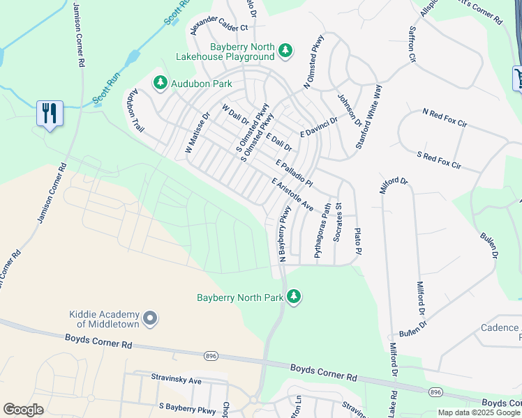 map of restaurants, bars, coffee shops, grocery stores, and more near 1549 East Matisse Drive in Middletown
