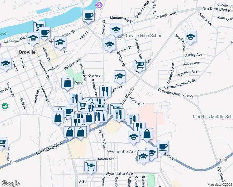 map of restaurants, bars, coffee shops, grocery stores, and more near 2735 Mitchell Avenue in Oroville